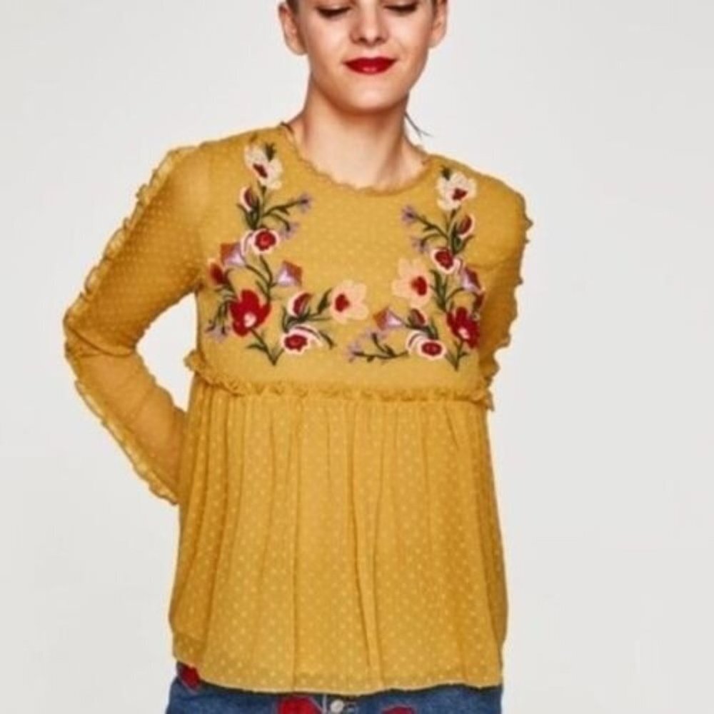 Spool No.72 Brach Brach Floral Embroidered Clip-Dot Lace Ruffle Blouse Top Small